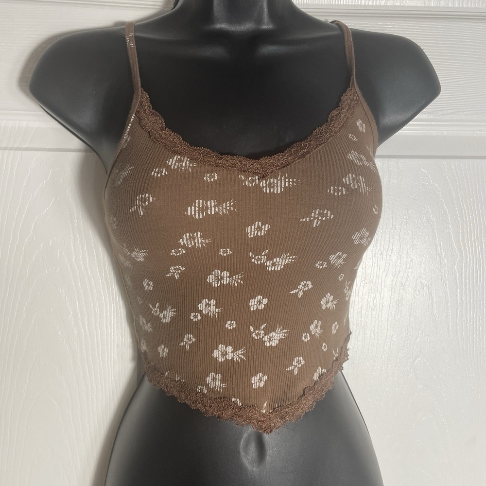 Vintage Hollister Top Women XS Brown White Floral Y2K Cropped Ribbed‎ Lace Trim